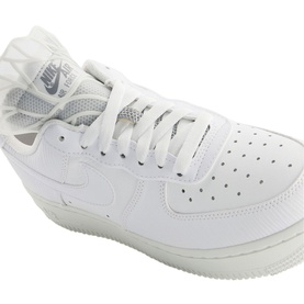 Nike Air Force 1 07 Trainers in white leather, low top with lace fastening, chunky white rubber sole and contrast branding