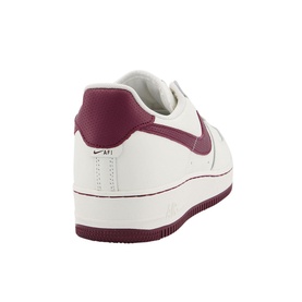 Nike Air Force 1 07 Trainers in white with burgundy swoosh and heel panel, rubber sole, rear angle view