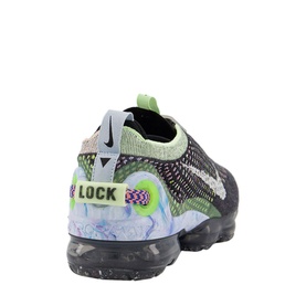 Nike Air Vapourmax 2020 Trainers in black with green knit upper, "LOCK" branding, and marbled translucent air sole unit, rear view