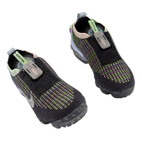 Nike Air Vapourmax 2020 Trainers in black with multicoloured knit upper, lime green heel tab, and dark chunky sole, angled pair view