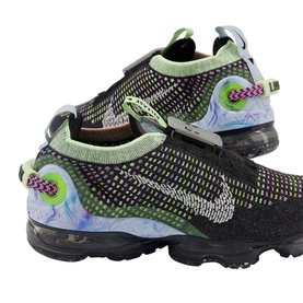 Nike Air Vapourmax 2020 Trainers in black with neon green and purple accents, Flyknit upper, chunky Air sole unit, angled pair view