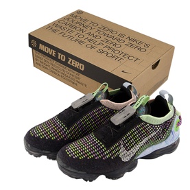 Nike Air Vapourmax 2020 Trainers in black with multicolour knit upper, chunky clear sole, styled with Move To Zero branded box behind