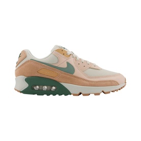 Nike Air Max 90 Trainers in beige with green suede panels, cream midsole, visible Air unit, and gum rubber outsole