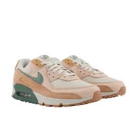 Nike Air Max 90 Trainers in beige with sage green suede overlays, gum rubber sole, shown as a pair angled together