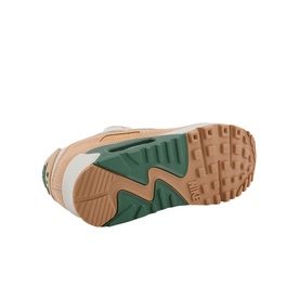 Nike Air Max 90 Trainers in beige, sole view showing teal and tan wavy outsole with gum finish