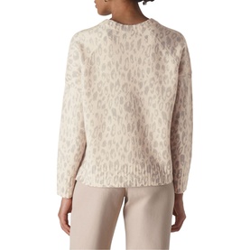 Model wearing Whistles Animal Print Merino Sweater in cream, shown from the back, with subtle leopard-print pattern and ribbed cuffs and hem