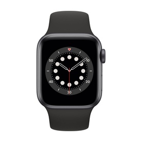 Apple Watch Series 6 40mm in space grey aluminium with black sport band, digital watch face with red crown detail