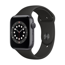 Apple Watch Series 6 40mm in space grey aluminium case with black sport band, showing watch face and side crown detail