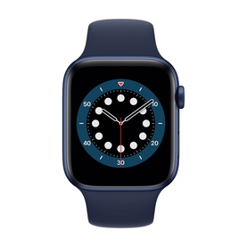 Apple Watch Series 6 40mm Blue Aluminium Case with Navy Sport Band, featuring a blue watch face with red crown detail