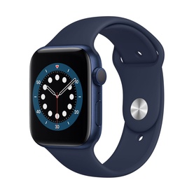 Apple Watch Series 6 40mm in blue aluminium case with deep navy sport band, digital crown and side button visible