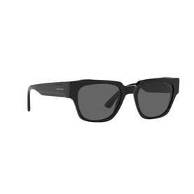 Giorgio Armani AR8147 Rectangle Sunglasses in black acetate with dark grey lenses, angular frame and branded temple arms
