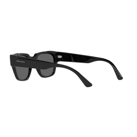 Giorgio Armani AR8147 Rectangle Sunglasses in black acetate, shown from rear three-quarter angle with dark grey lenses