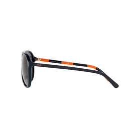Giorgio Armani AR8147 Rectangle Sunglasses in black acetate, side profile view showing orange and black striped temple arms