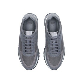 Hugo Boss Arigon Trainers in grey, lace-up style with mixed texture panels and light grey sole, overhead view