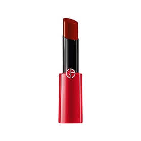 Armani Beauty Ecstasy Shine Lipstick in deep red, shown uncapped with bullet tip visible and branded red case