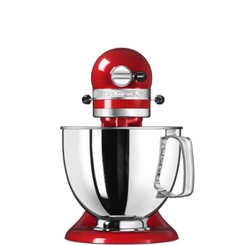 KitchenAid Artisan Mixer 125 in empire red with polished stainless steel bowl and chrome accents, shown on white background