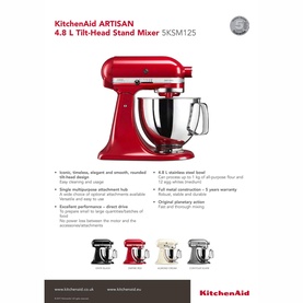 KitchenAid Artisan Mixer 125 in red, shown with feature callouts and four colour variants including cream, silver and black