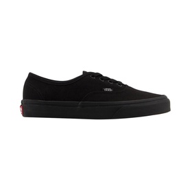 Vans Authentic Low Tops in all-black canvas with black rubber sole, metal logo eyelet, and red Vans heel tab