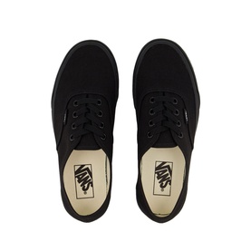 Vans Authentic Low Tops in all-black canvas with lace-up front, cream insole branding, and black rubber sole, overhead view