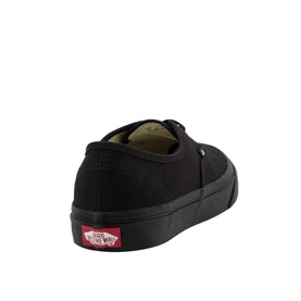 Vans Authentic Low Tops in all-black canvas with black rubber sole, rear three-quarter view showing heel and iconic side logo