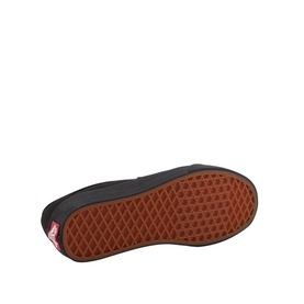 Vans Authentic Low Tops in black, sole view showing signature orange waffle outsole and red Vans logo tab