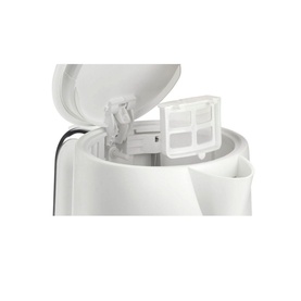 Kenwood Abbey Lux 1.7L Kettle in white, close-up of open lid showing removable limescale filter detail