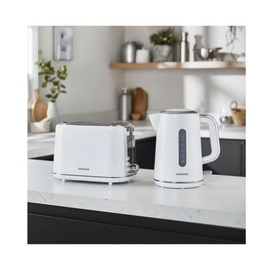 Kenwood Abbey Lux 1.7L Kettle in white, styled with matching white 2-slice toaster on a marble kitchen countertop