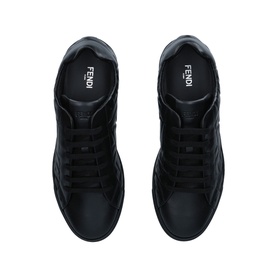 Aquazzura FF Embossed Tennis Trainer in black leather with tonal laces and branding, overhead flat lay view showing both shoes