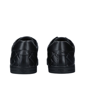 Aquazzurra FF Embossed Tennis Trainer in black leather, heel and back view showing embossed FF pattern and black sole