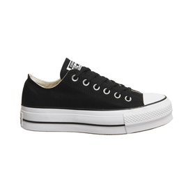 Converse All Star Platform Low Tops in black canvas with white platform sole, white toe cap, and black lace-up front