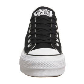 Converse All Star Platform Low Tops in black canvas with white laces, chunky white platform sole, front-facing view