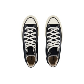 Converse All Star 70 Classic High-Top Trainers in black canvas with white laces and cream rubber sole, top-down view