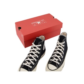 Converse All Star 70 Classic High-Top Trainers in black canvas with cream sole, white laces, shown with red Converse shoebox