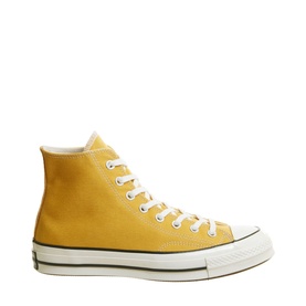 Converse All Star 70s High Tops in yellow canvas with white laces, cream midsole and black rubber outsole