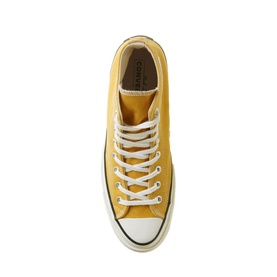 Converse All Star 70s High Tops in yellow canvas, top-down view showing white lace-up front and rubber toe cap