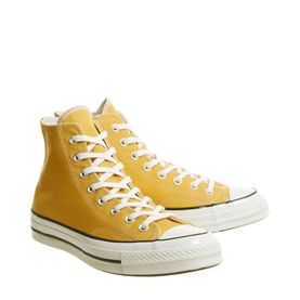 Converse All Star 70s High Tops in yellow canvas with white laces and cream rubber sole, pair shown