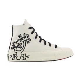 Converse All Star Hi 70s Trainers in black and white with Keith Haring graphic print, black laces, red foxing stripe on sole