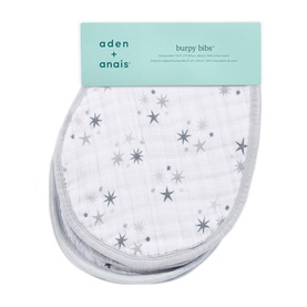 Aden & Anais Two Pack Burpy Bibs in grey, white muslin cotton with silver and grey star print, shown in packaging