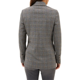 Model wearing Phase Eight Afie Check Blazer in grey check, rear view showing notch lapels, double-breasted fastening and button cuffs