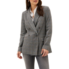 Model wearing Phase Eight Afie Check Blazer in grey, double-breasted with notch lapels and flap pockets, styled with grey jeans