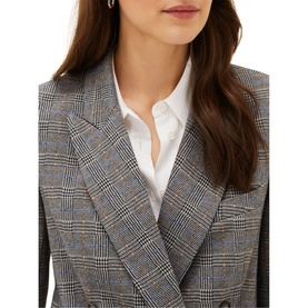 Model wearing Phase Eight Afie Check Blazer in grey check, double-breasted with notch lapels, styled over a white shirt