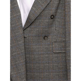 Phase Eight Afie Check Blazer in grey, close-up showing double-breasted buttons, notch lapels, glen check pattern and flap pocket detail