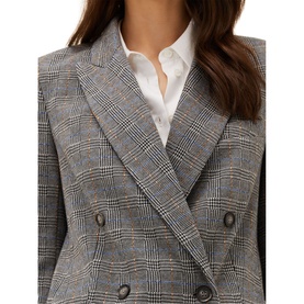 Model wearing Phase Eight Afie Check Blazer in grey check, double-breasted with notch lapels, styled with a white shirt
