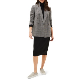 Model wearing Phase Eight Afie Check Blazer in grey check with double-breasted fastening, styled with black midi skirt and white trainers