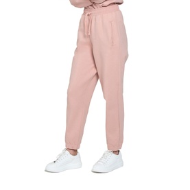 Model wearing Forever New Alexa High Waisted Jogger in pink, with drawstring waist and cuffed ankles, styled with white trainers
