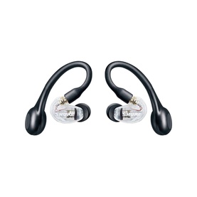 Shure Aonic 215 True Wireless Sound Isolating Earbuds in clear with black over-ear hooks and silicone ear tips