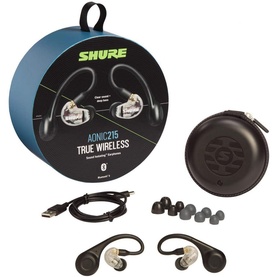 Shure Aonic 215 True Wireless Sound Isolating Earbuds with carry case, ear tips, USB cable, and packaging displayed together