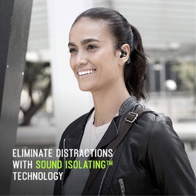Model wearing Shure Aonic 215 True Wireless Sound Isolating Earbuds in black, styled with leather jacket, outdoors urban setting