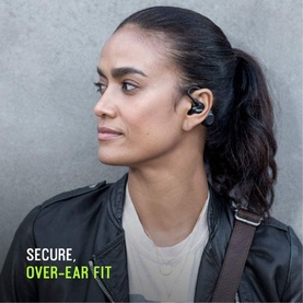 Model wearing Shure Aonic 215 True Wireless Sound Isolating Earbuds in black, shown in profile with secure over-ear fit styling