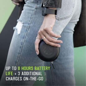Model carrying Shure Aonic 215 True Wireless Sound Isolating Earbuds charging case in black, styled with distressed jeans and leather jacket